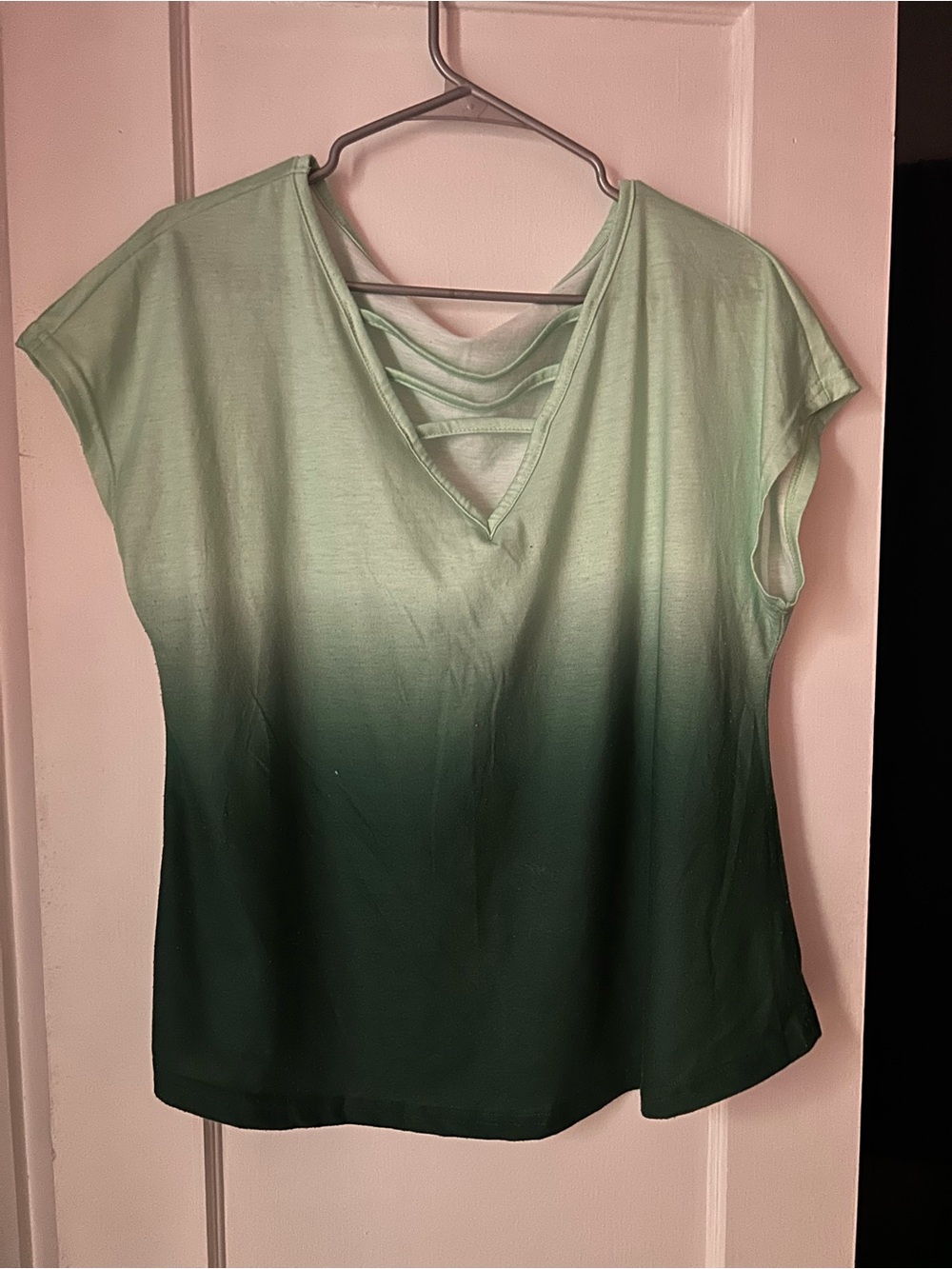 SHEIN Ombre Mint to Forest Green Short Sleeve V-Neck Top with Strap Detail